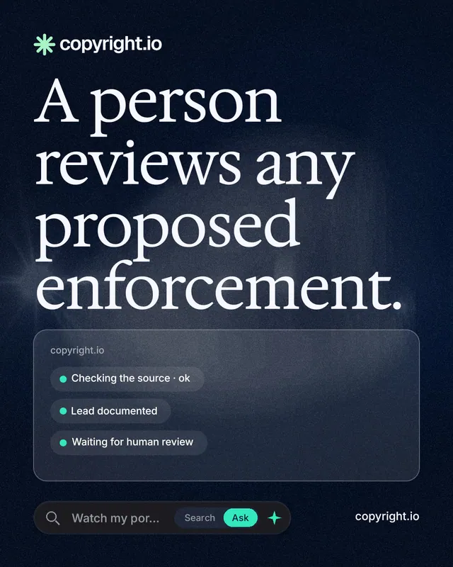 Instagram portrait post for copyright.io: "A person reviews any proposed enforcement." Thermal style, poster layout, dark palette in blue, black, grey.