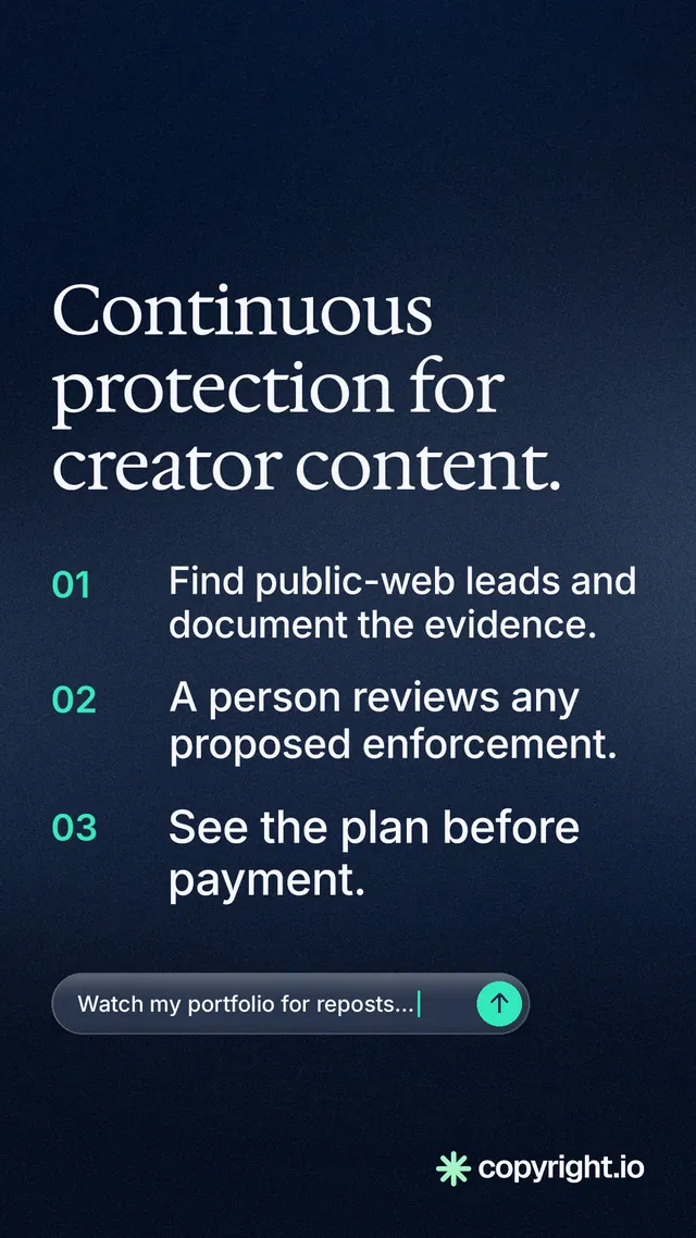 Instagram story for copyright.io: "Continuous protection for creator content." Agentic glass style, numbered layout, dark palette in black, blue, grey.