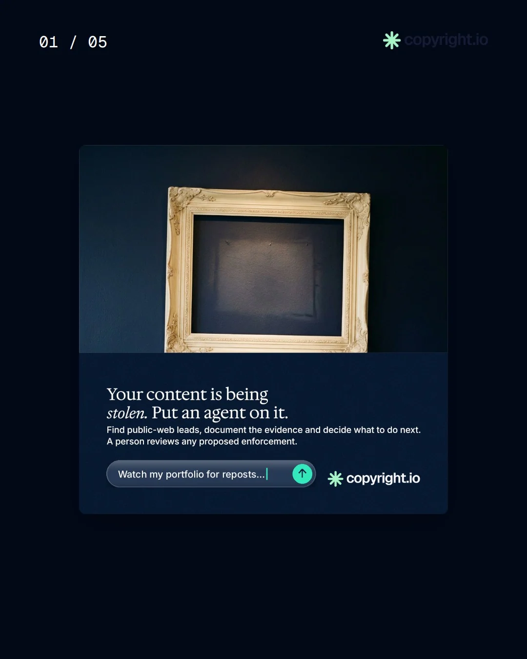 Video for copyright.io. Ad flipbook, 7.5 s, dark palette.