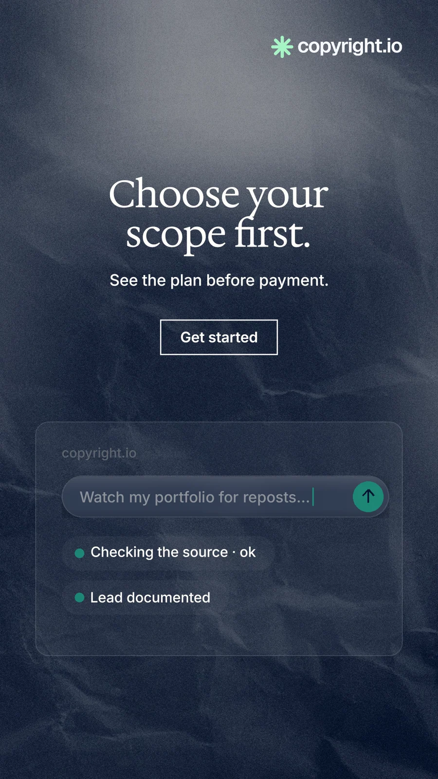 Instagram story for copyright.io: "Choose your scope first." Cyanotype style, centred layout, dark palette in blue, grey.
