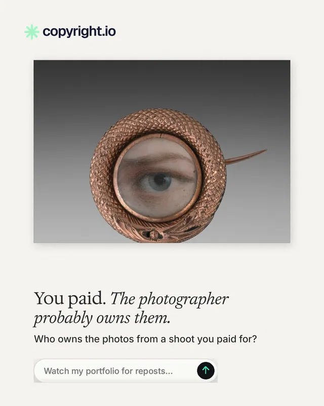 Instagram portrait post for copyright.io: "You paid. The photographer probably owns them." Agentic glass style, bottom layout, light palette in white, grey.