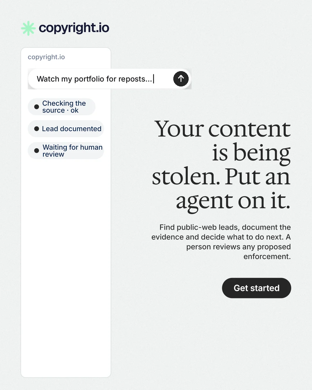 Instagram portrait post for copyright.io: "Your content is being stolen. Put an agent on it." Data card style, right layout, light palette in white.