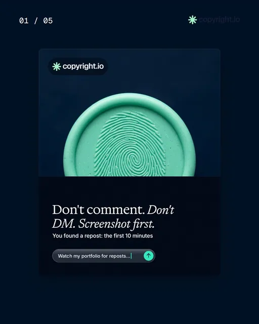 Video for copyright.io. Ad flipbook, 7.5 s, dark palette.