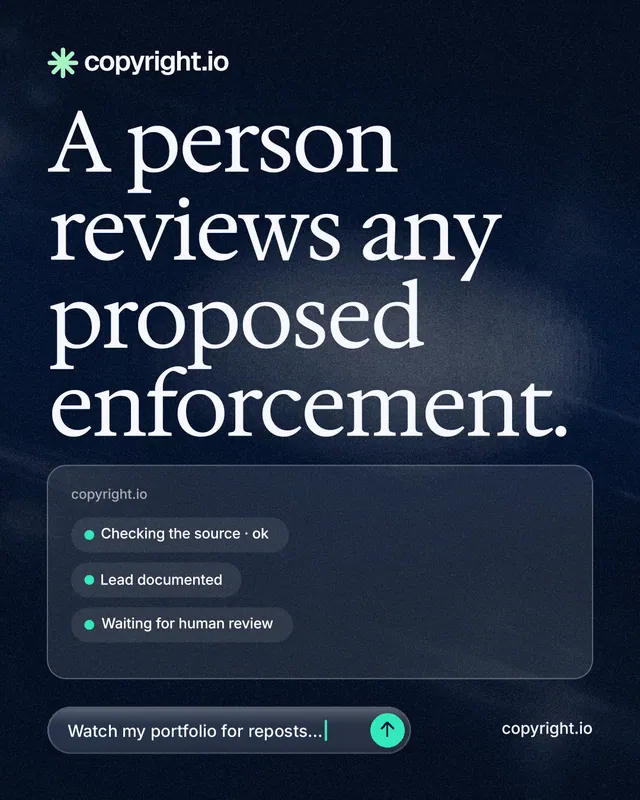 Instagram portrait post for copyright.io: "A person reviews any proposed enforcement." Thermal style, poster layout, dark palette in blue, black, grey.