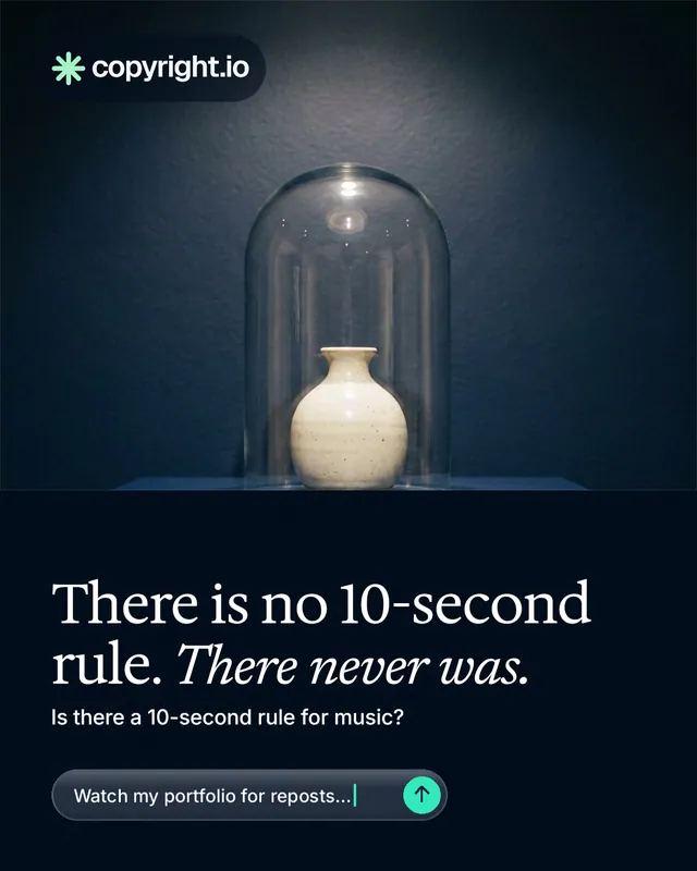Instagram portrait post for copyright.io: "There is no 10-second rule. There never was." Agentic glass style, bottom layout, dark palette in blue, black, grey.
