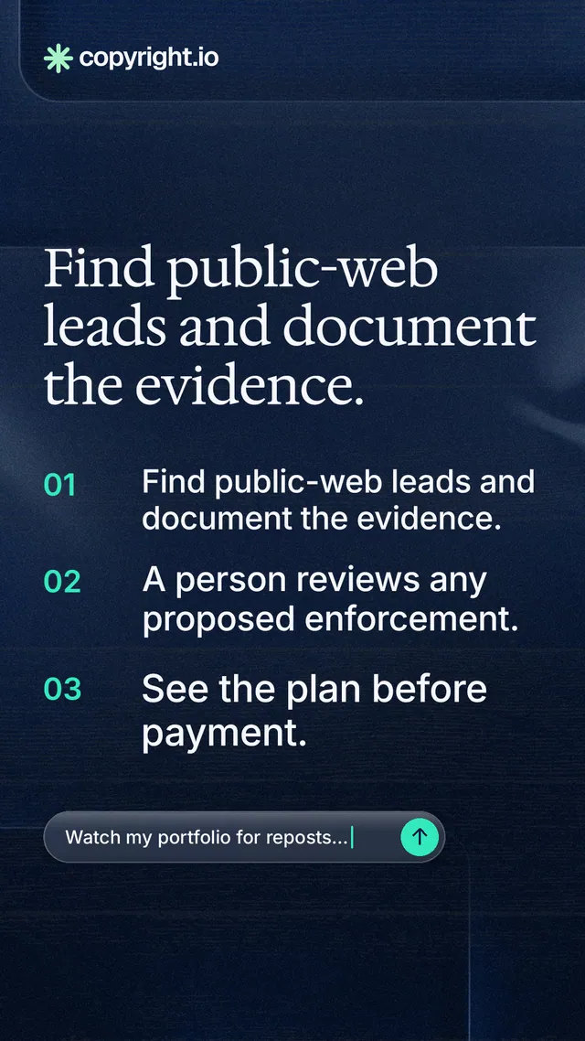 Instagram story for copyright.io: "Find public-web leads and document the evidence." Agentic glass style, numbered layout, dark palette in blue, black, grey.