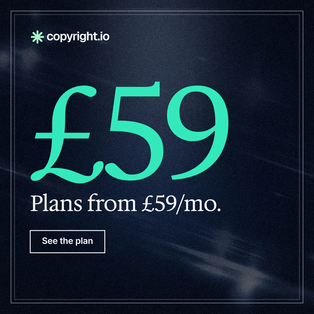 Instagram post for copyright.io: "Your content is being stolen. Put an agent on it." Dark deco style, stat layout, dark palette in blue, black, teal.