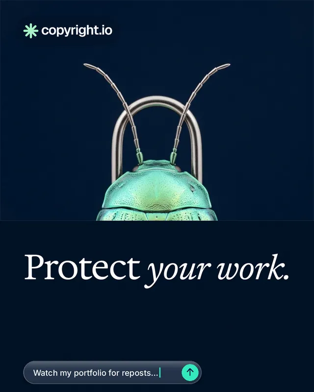 Instagram portrait post for copyright.io: "Protect your work." Agentic glass style, bottom layout, dark palette in black, blue.