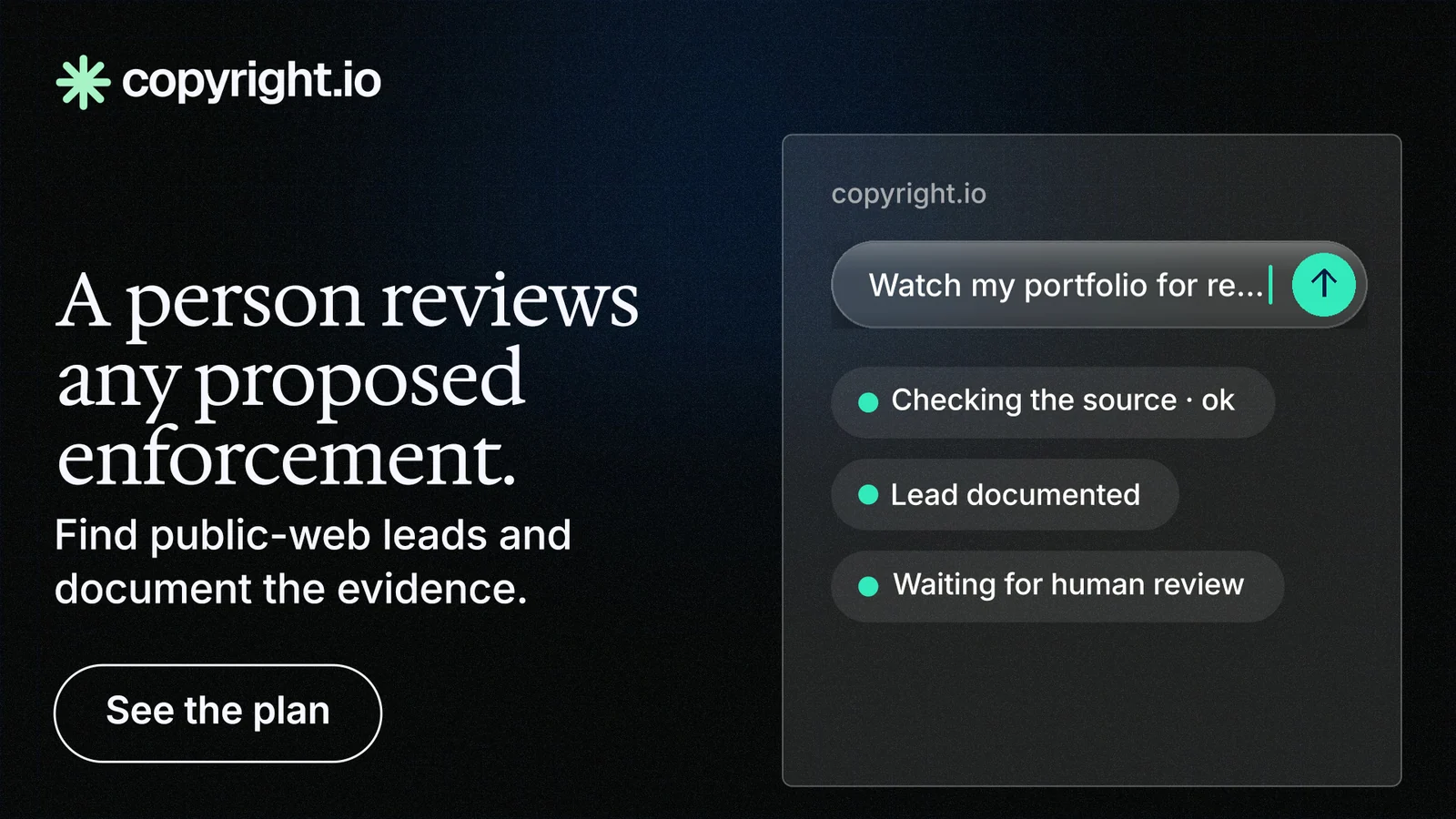 Landscape graphic for copyright.io: "A person reviews any proposed enforcement." Phosphor atlas style, bottom layout, dark palette in black, grey.