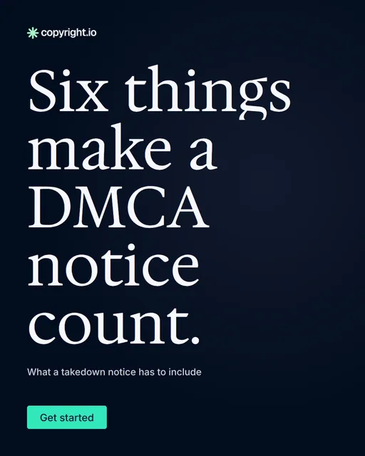 Video for copyright.io: "Six things make a DMCA notice count.". Doc motion loop, 7.0 s, dark palette.