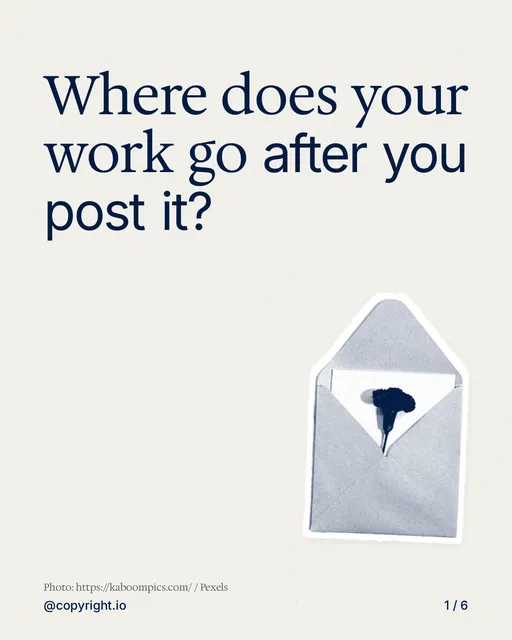 Carousel for copyright.io: "Where does your work go after you post it?". Cutout essay, 6 slides, light palette.