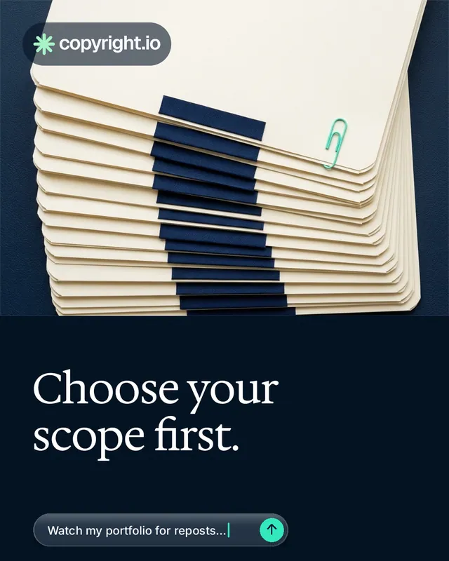 Instagram portrait post for copyright.io: "Choose your scope first." Agentic glass style, bottom layout, dark palette in yellow, black, blue.