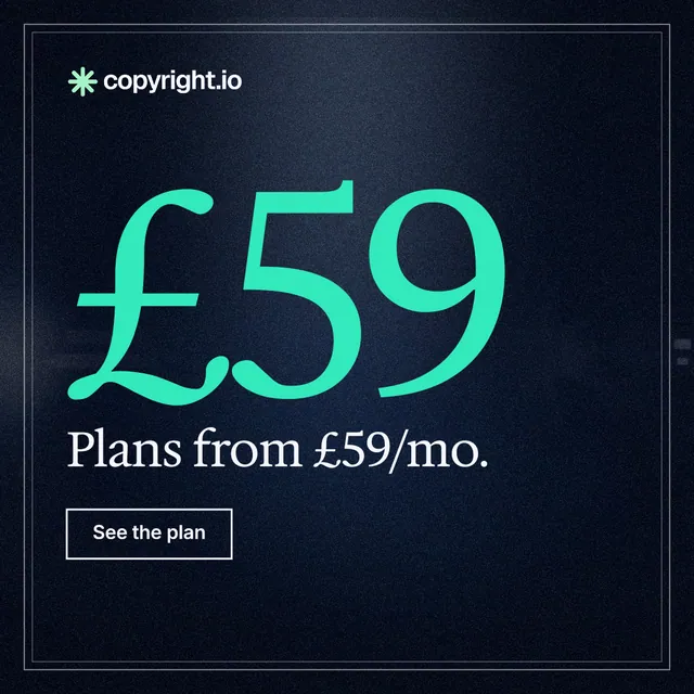 Instagram post for copyright.io: "Find public-web leads and document the evidence." Dark deco style, stat layout, dark palette in blue, black, teal.