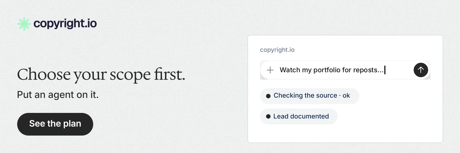 X header for copyright.io: "Choose your scope first." Data card style, bottom layout, light palette in white, grey.