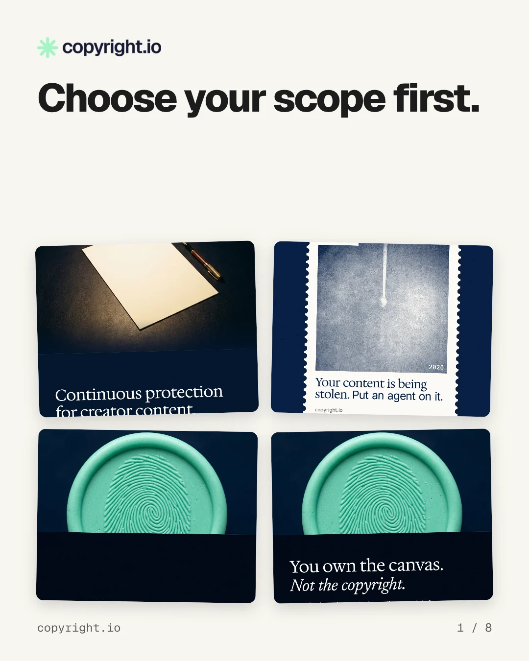 Carousel for copyright.io: "Choose your scope first.". Collection carousel, 8 slides, light palette.