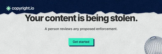 X header for copyright.io: "Your content is being stolen." Paper trio style, centred layout, light palette in white, blue, grey.