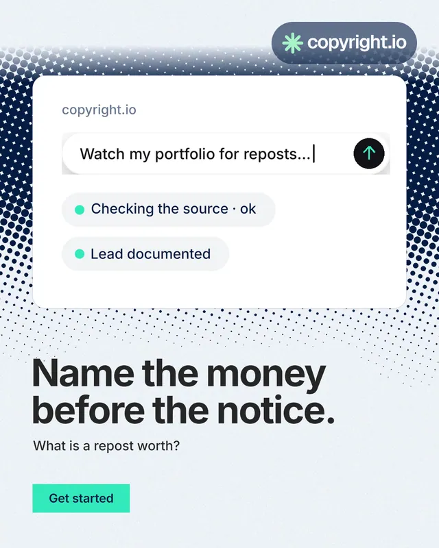 Instagram portrait post for copyright.io: "Name the money before the notice." Swiss style, bottom layout, light palette in white, grey, blue.