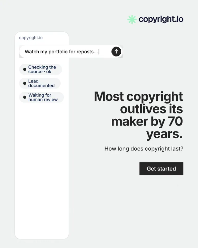 Instagram portrait post for copyright.io: "Most copyright outlives its maker by 70 years." Swiss style, right layout, light palette in white.