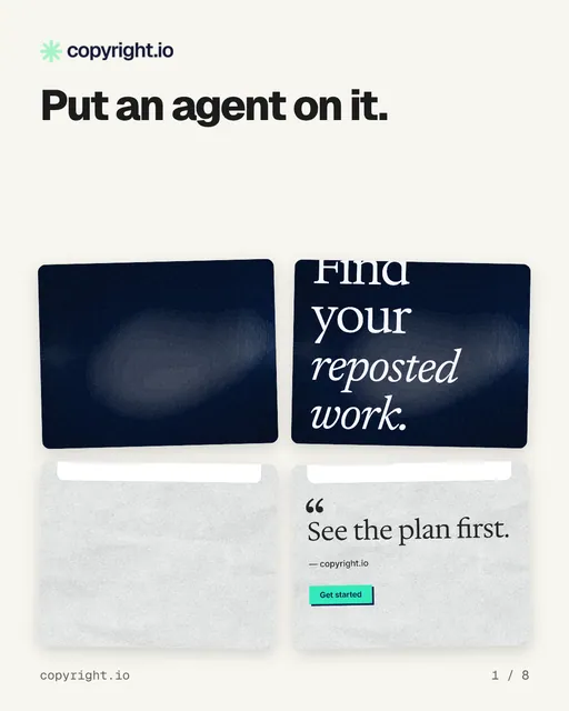 Carousel for copyright.io: "Put an agent on it.". Collection carousel, 8 slides, light palette.