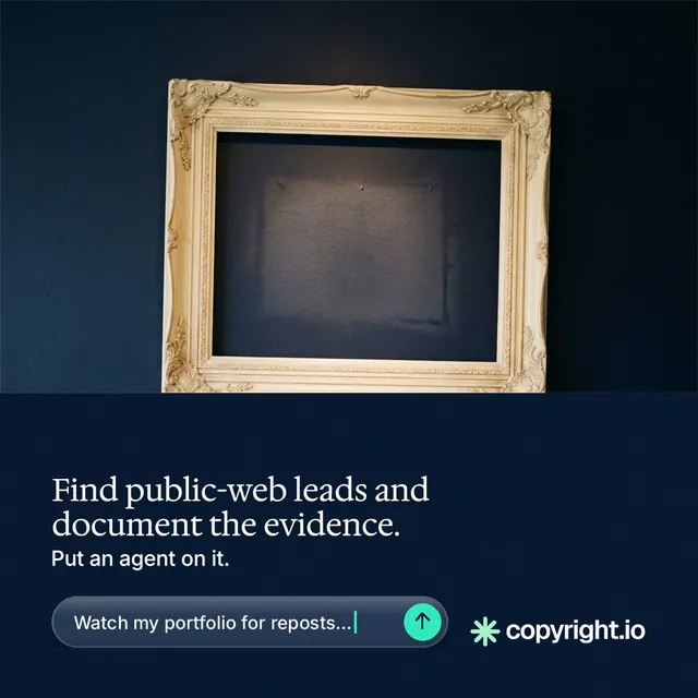 Instagram post for copyright.io: "Find public-web leads and document the evidence." Agentic glass style, bottom layout, dark palette in black, blue, grey.