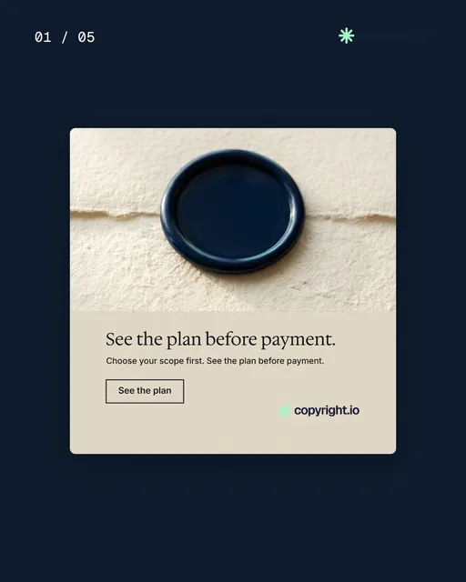 Video for copyright.io. Ad flipbook, 7.5 s, dark palette.