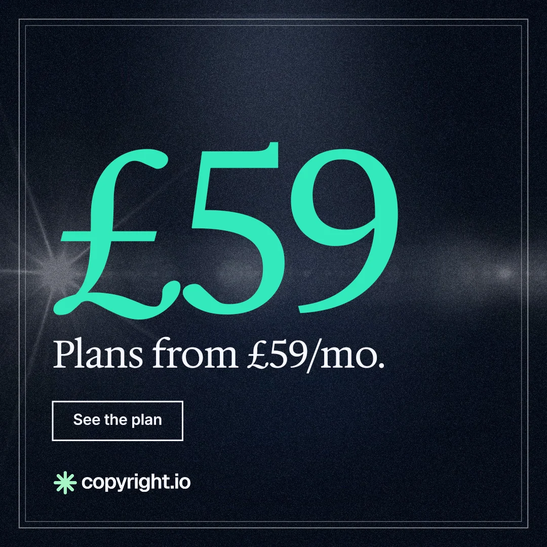 Instagram post for copyright.io: "Choose your scope first. See the plan before payment." Dark deco style, stat layout, dark palette in black, blue, teal.