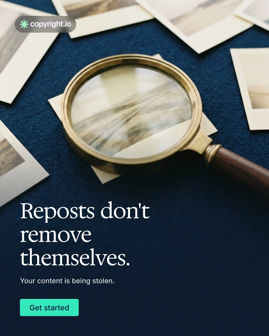 Video for copyright.io: "Reposts don't remove themselves.". Doc motion loop, 7.0 s, dark palette.