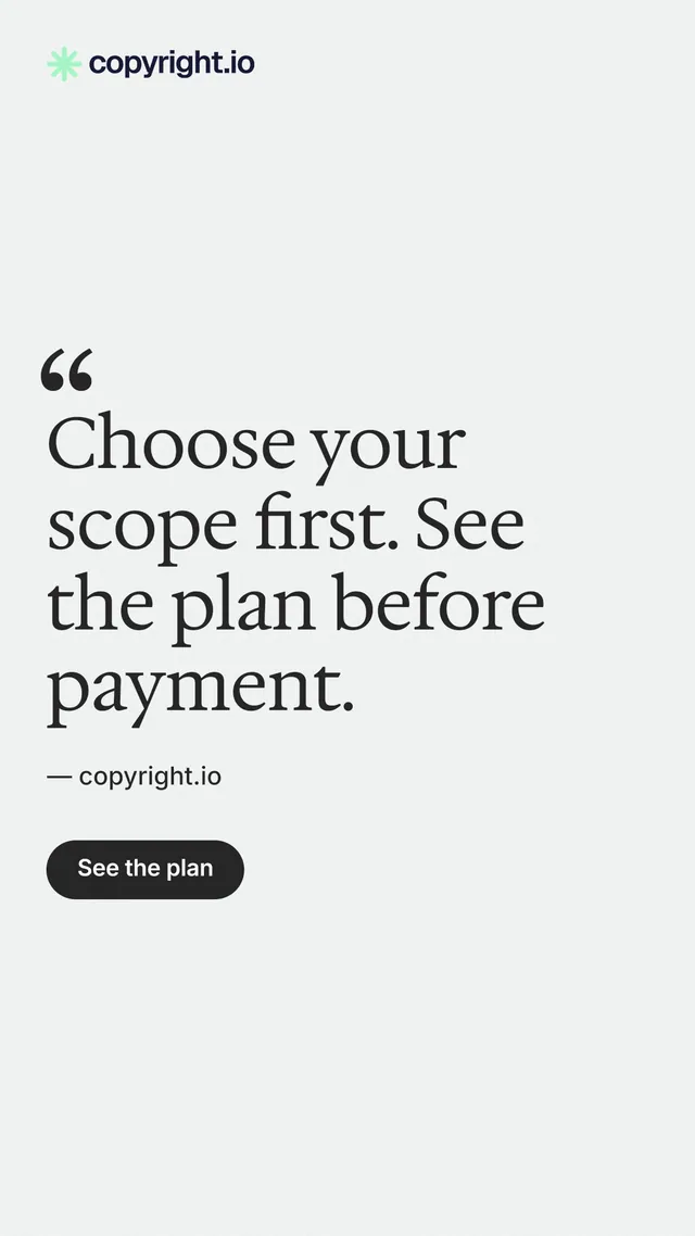 Instagram story for copyright.io: "Choose your scope first. See the plan before payment." Data card style, quote layout, light palette in white.