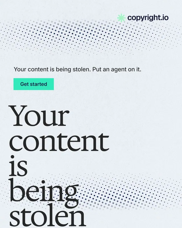 Instagram portrait post for copyright.io: "Your content is being stolen." Swiss style, oversized layout, light palette in white, blue, grey.