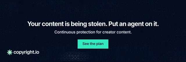 X header for copyright.io: "Your content is being stolen. Put an agent on it." Swiss style, centred layout, dark palette in black, blue.