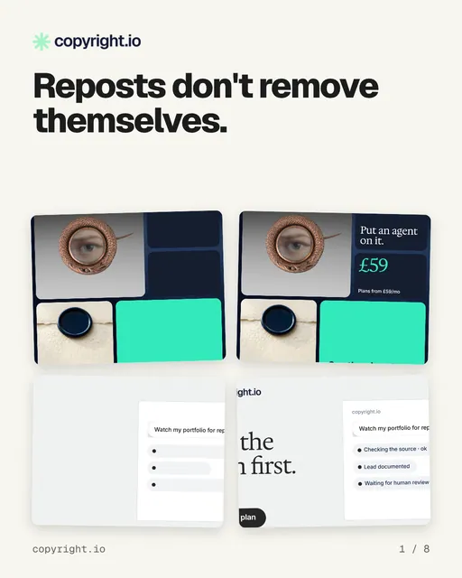 Carousel for copyright.io: "Reposts don't remove themselves.". Collection carousel, 8 slides, light palette.