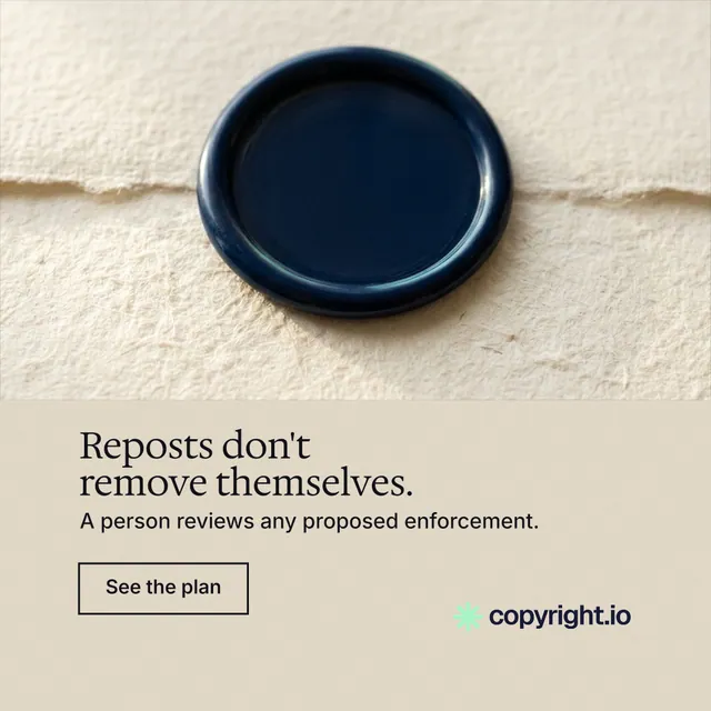 Instagram post for copyright.io: "Reposts don't remove themselves." Editorial style, bottom layout, light palette in orange, black, yellow.