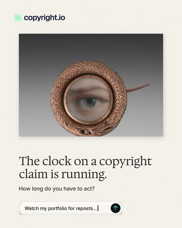 Instagram portrait post for copyright.io: "The clock on a copyright claim is running." Agentic glass style, bottom layout, light palette in white, grey.