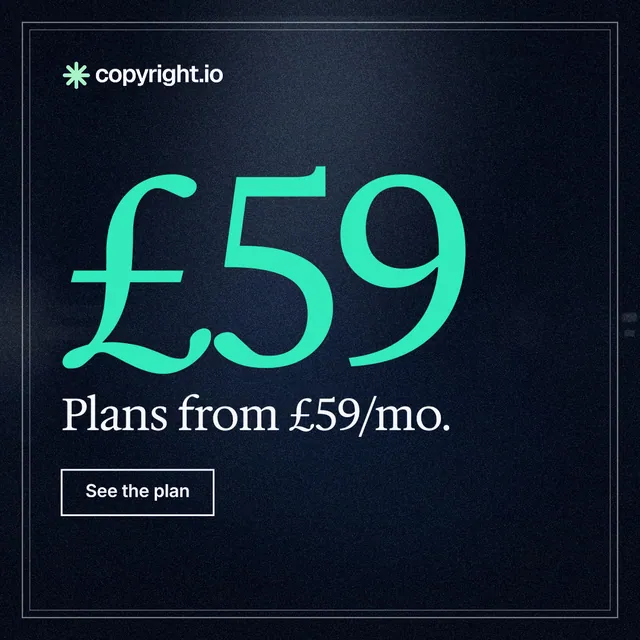 Instagram post for copyright.io: "Your content is being stolen. Put an agent on it." Dark deco style, stat layout, dark palette in black, teal.