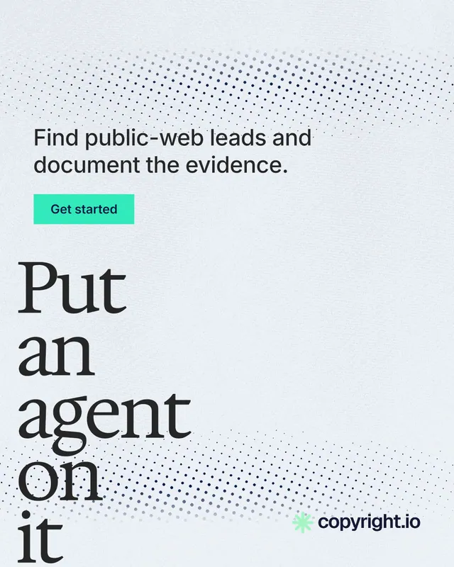 Instagram portrait post for copyright.io: "Put an agent on it." Swiss style, oversized layout, light palette in white, blue, grey.