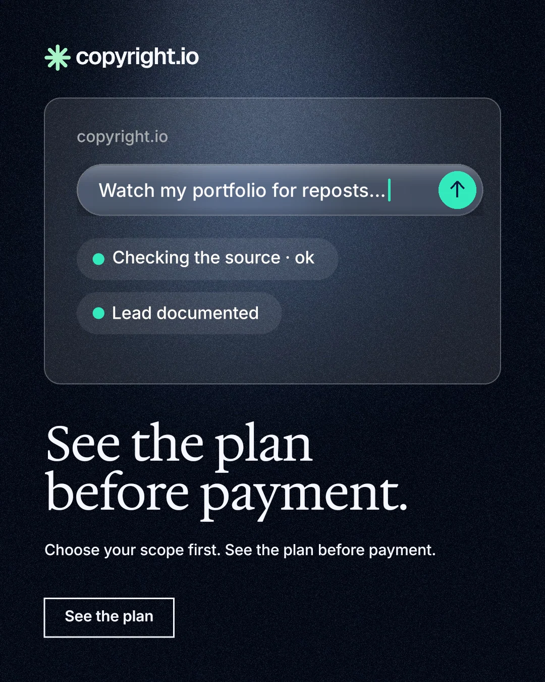 Instagram portrait post for copyright.io: "See the plan before payment." Dark deco style, bottom layout, dark palette in black, blue, grey.