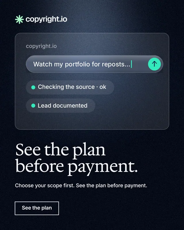 Instagram portrait post for copyright.io: "See the plan before payment." Dark deco style, bottom layout, dark palette in black, blue, grey.