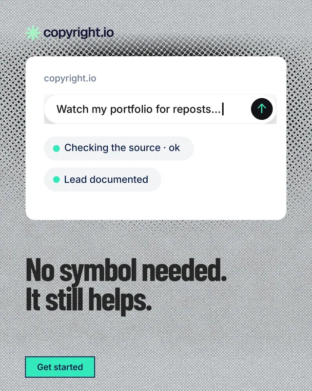 Instagram portrait post for copyright.io: "No symbol needed. It still helps." Ink sticker style, bottom layout, light palette in grey, white.