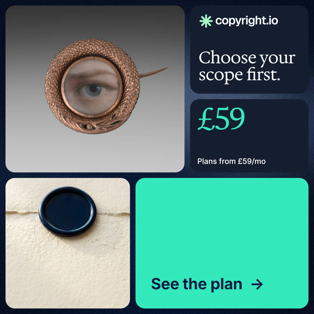 Instagram post for copyright.io: "Choose your scope first." Agentic glass style, bento layout, light palette in blue, grey, teal.