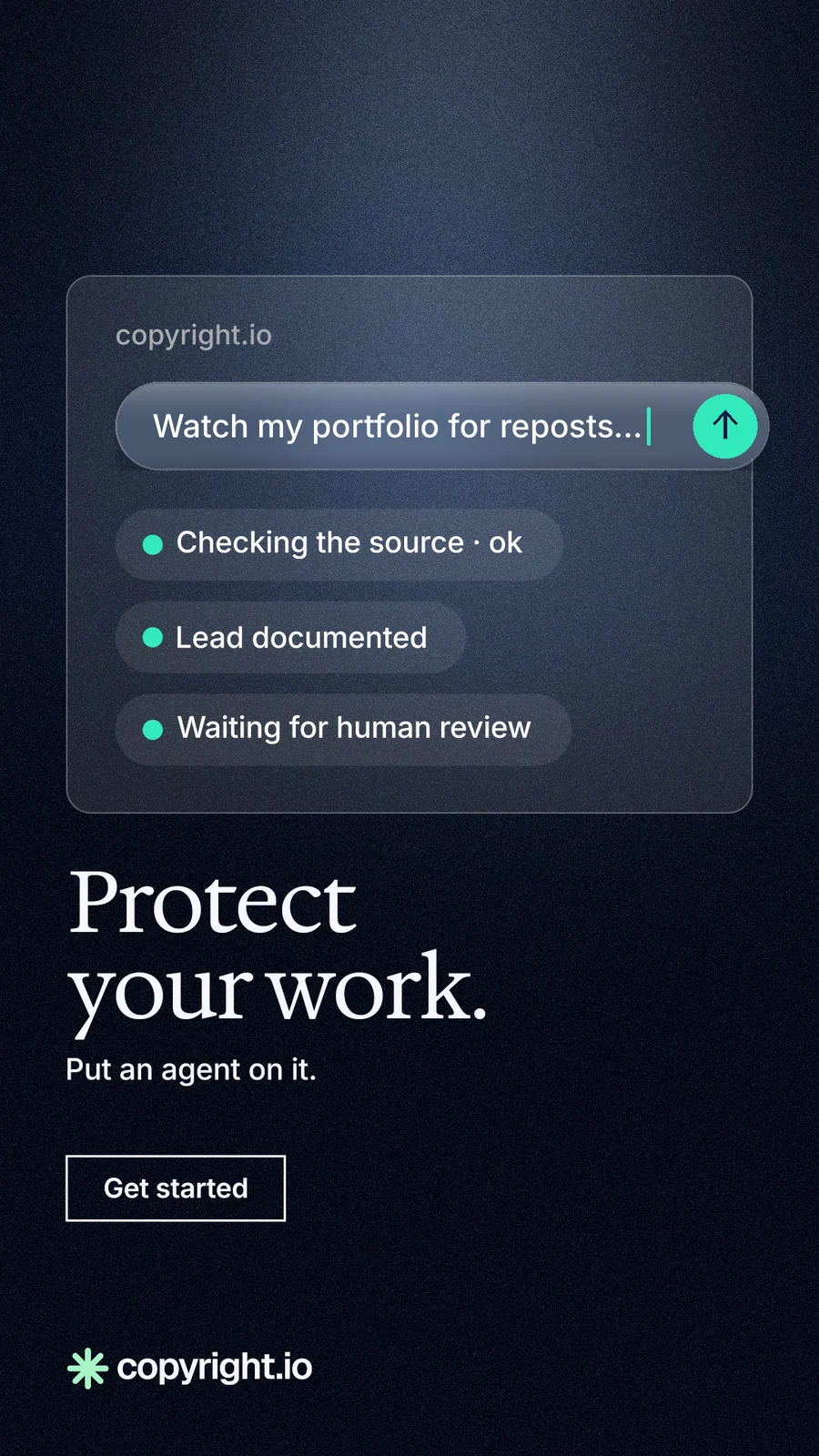 Instagram story for copyright.io: "Protect your work." Dark deco style, bottom layout, dark palette in black, blue, grey.
