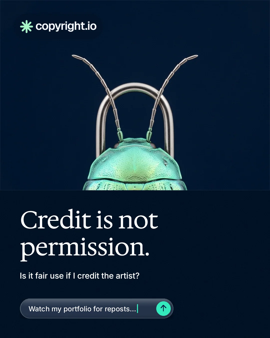 Instagram portrait post for copyright.io: "Credit is not permission." Agentic glass style, bottom layout, dark palette in black, blue.