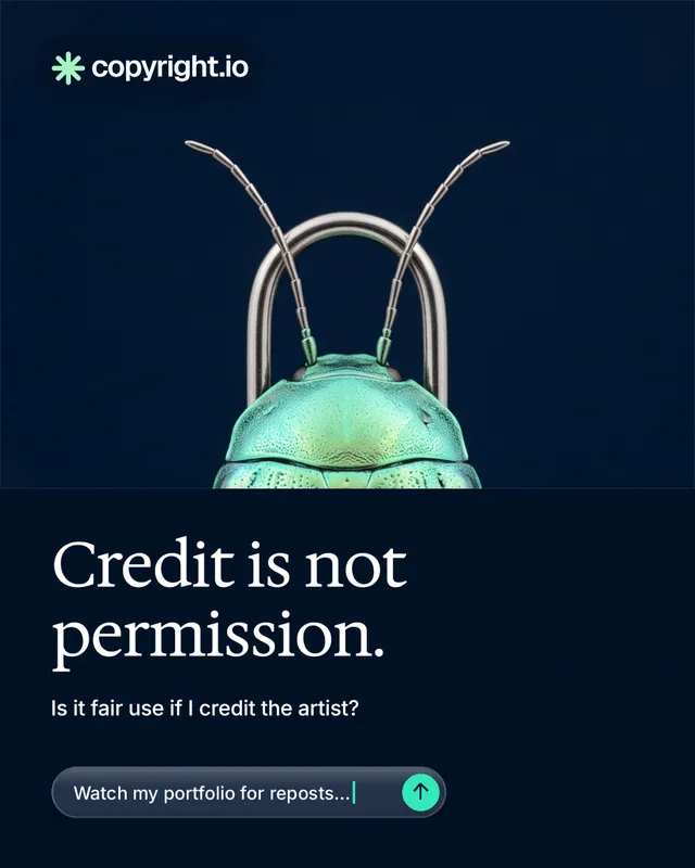 Instagram portrait post for copyright.io: "Credit is not permission." Agentic glass style, bottom layout, dark palette in black, blue.