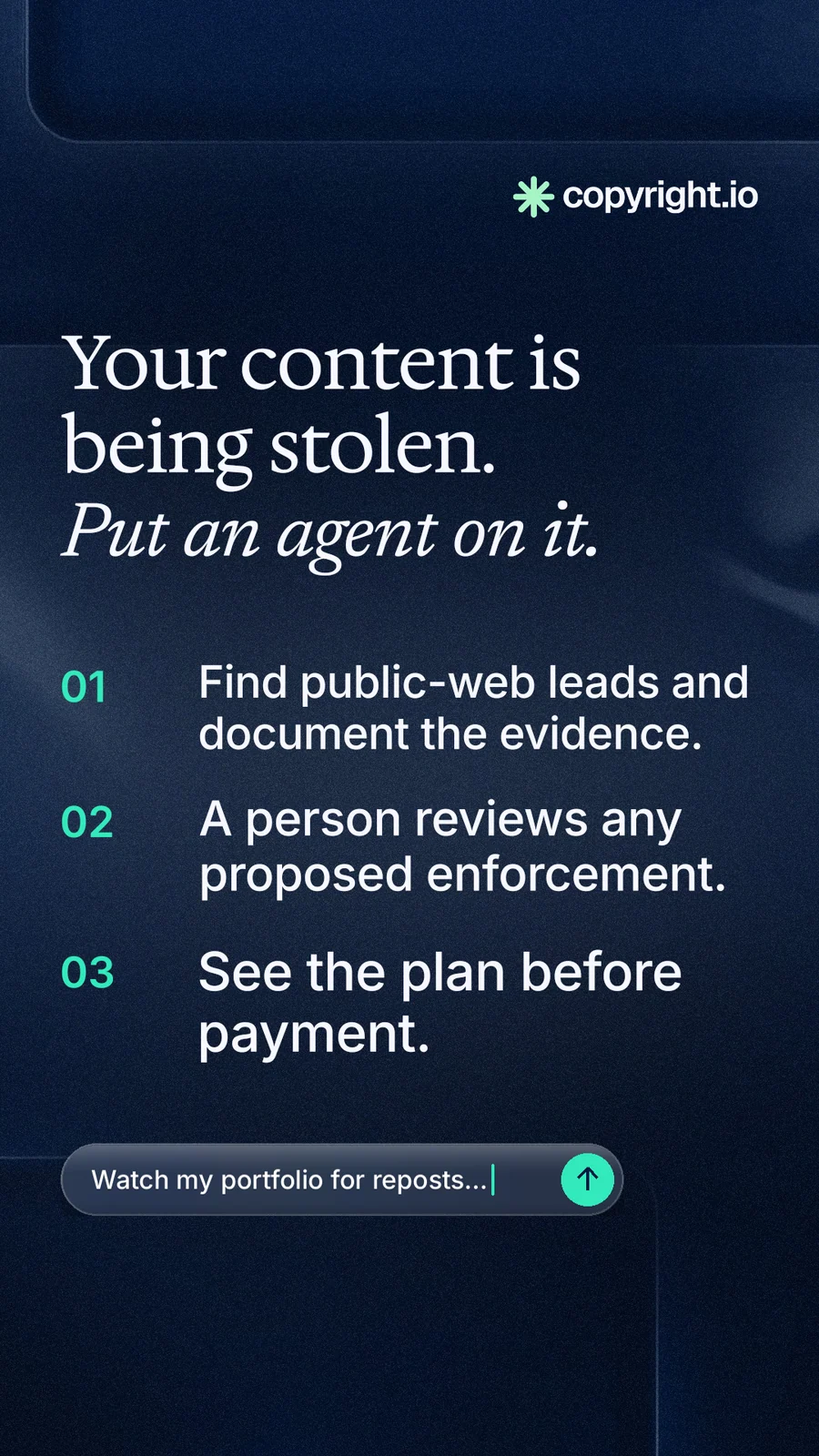 Instagram story for copyright.io: "Your content is being stolen. Put an agent on it." Agentic glass style, numbered layout, dark palette in blue, black.