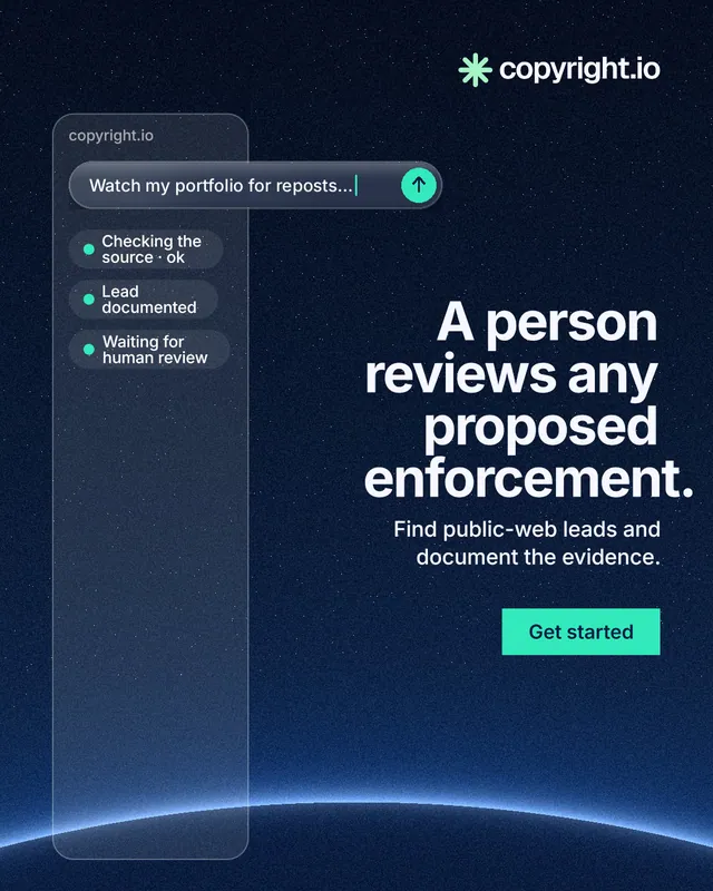 Instagram portrait post for copyright.io: "A person reviews any proposed enforcement." Swiss style, right layout, dark palette in black, blue.