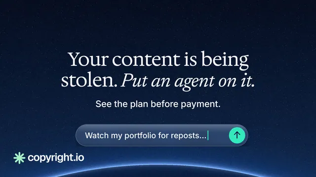 Landscape graphic for copyright.io: "Your content is being stolen. Put an agent on it." Agentic glass style, centred layout, dark palette in black, blue.