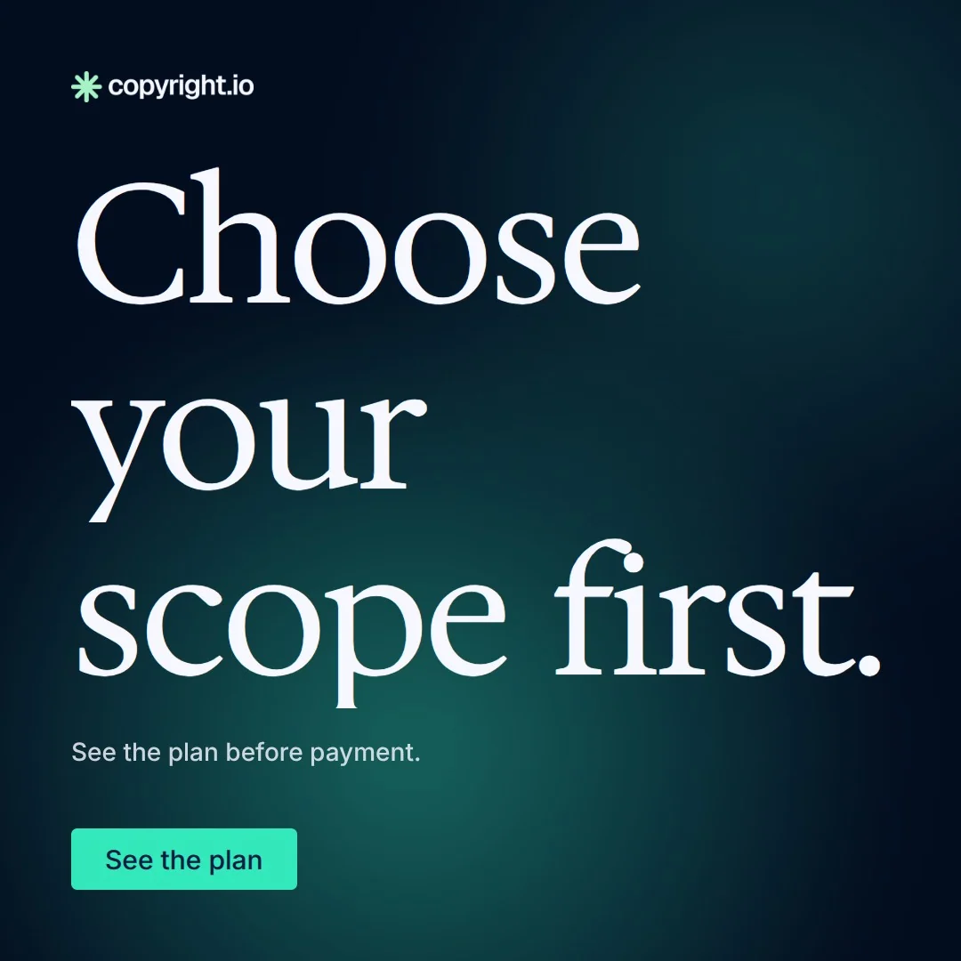 Video for copyright.io: "Choose your scope first.". Doc motion loop, 7.0 s, dark palette.