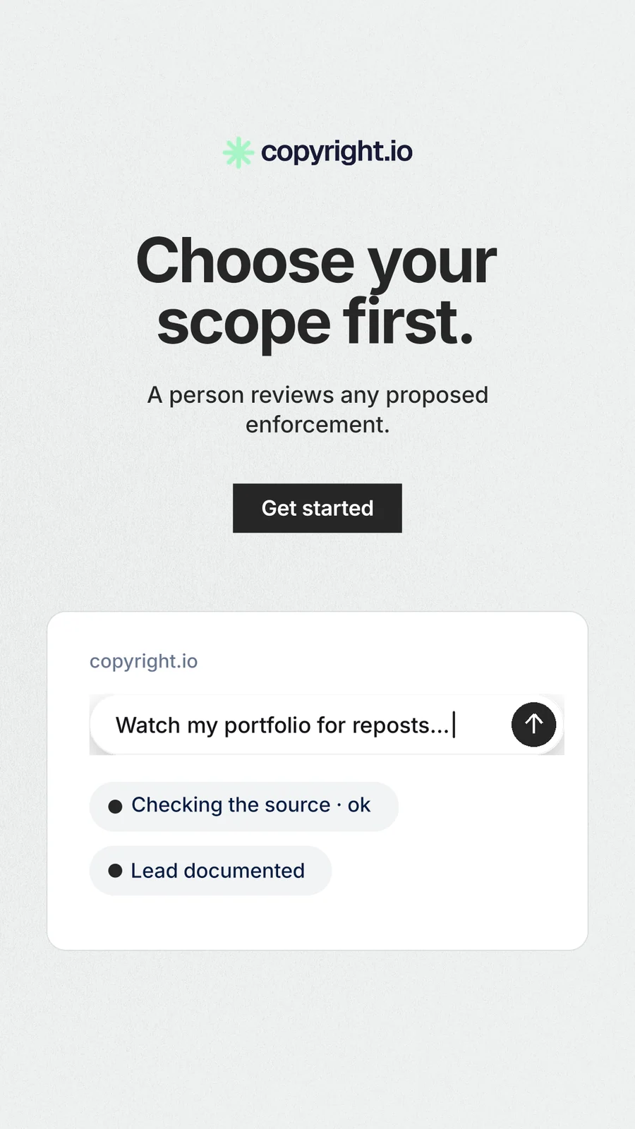 Instagram story for copyright.io: "Choose your scope first." Swiss style, centred layout, light palette in white, grey.