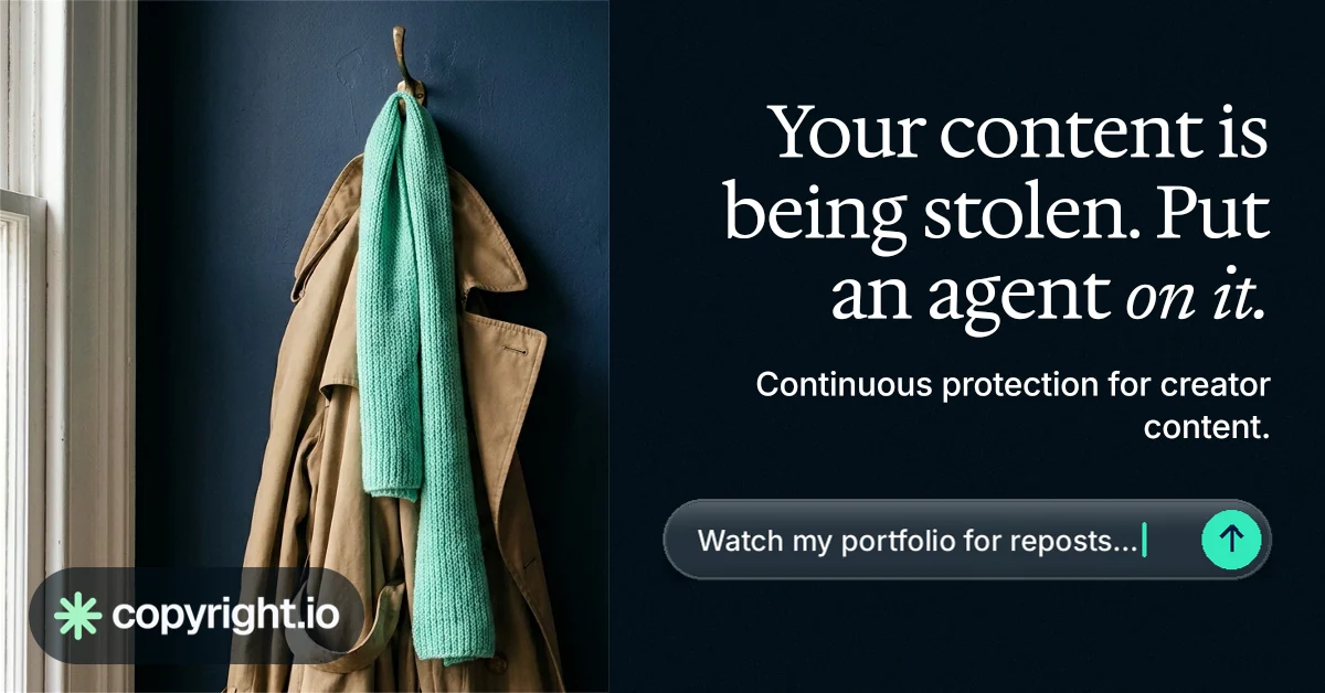 Social ad for copyright.io: "Your content is being stolen. Put an agent on it." Agentic glass style, right layout, dark palette in black, grey.