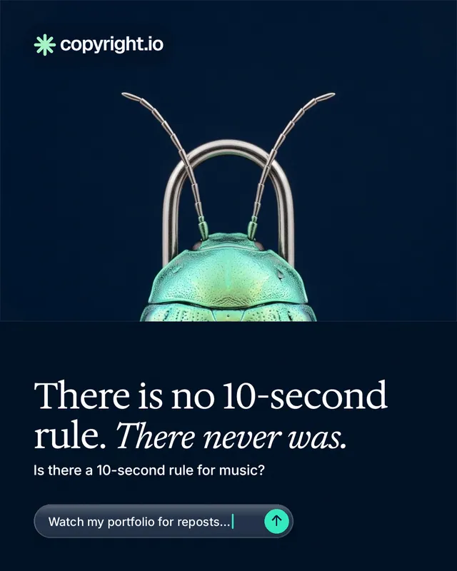Instagram portrait post for copyright.io: "There is no 10-second rule. There never was." Agentic glass style, bottom layout, dark palette in black, blue.