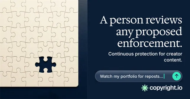 Social ad for copyright.io: "A person reviews any proposed enforcement." Agentic glass style, right layout, dark palette in blue, yellow, grey.